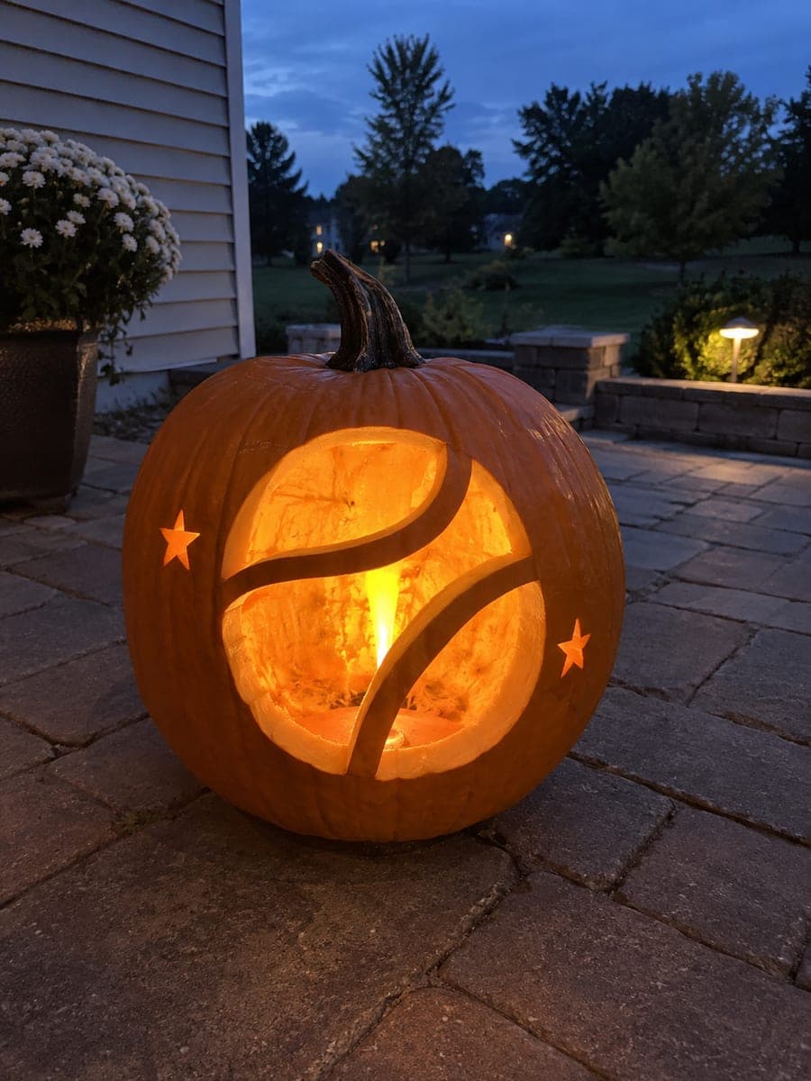 Tennis Ball Seam Pumpkin on Patio at Dusk