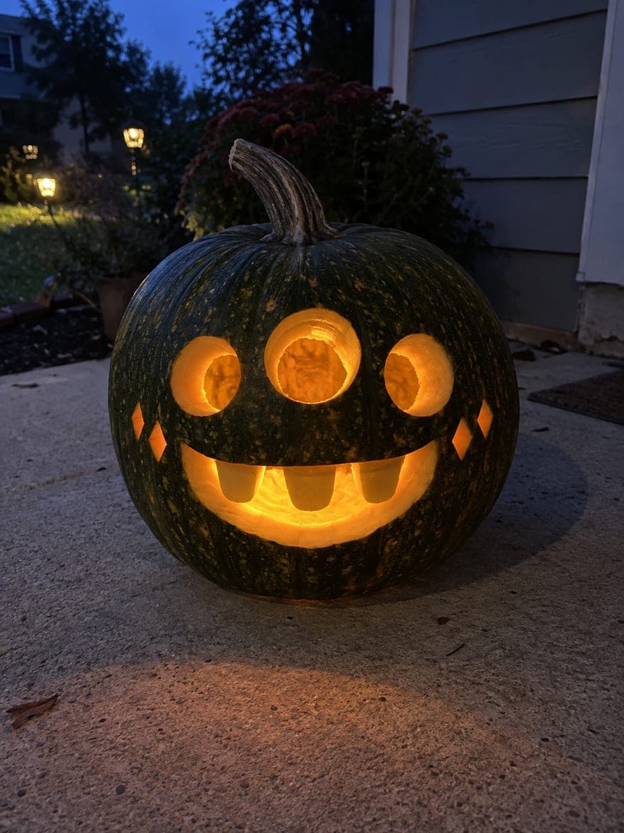 Three-Eyed Monster Green Pumpkin with Glowing Smile
