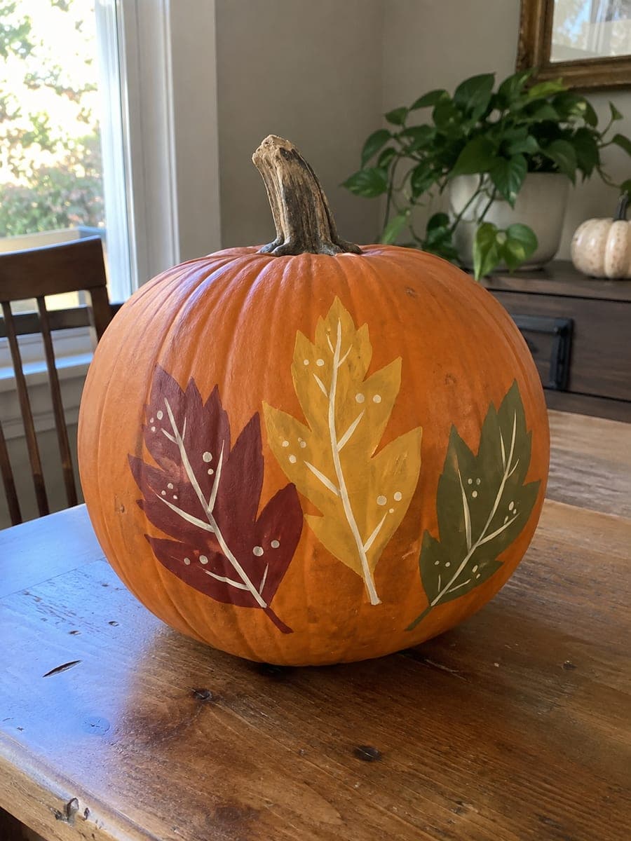 Three Painted Autumn Leaves Pumpkin with Cream Vein Accents