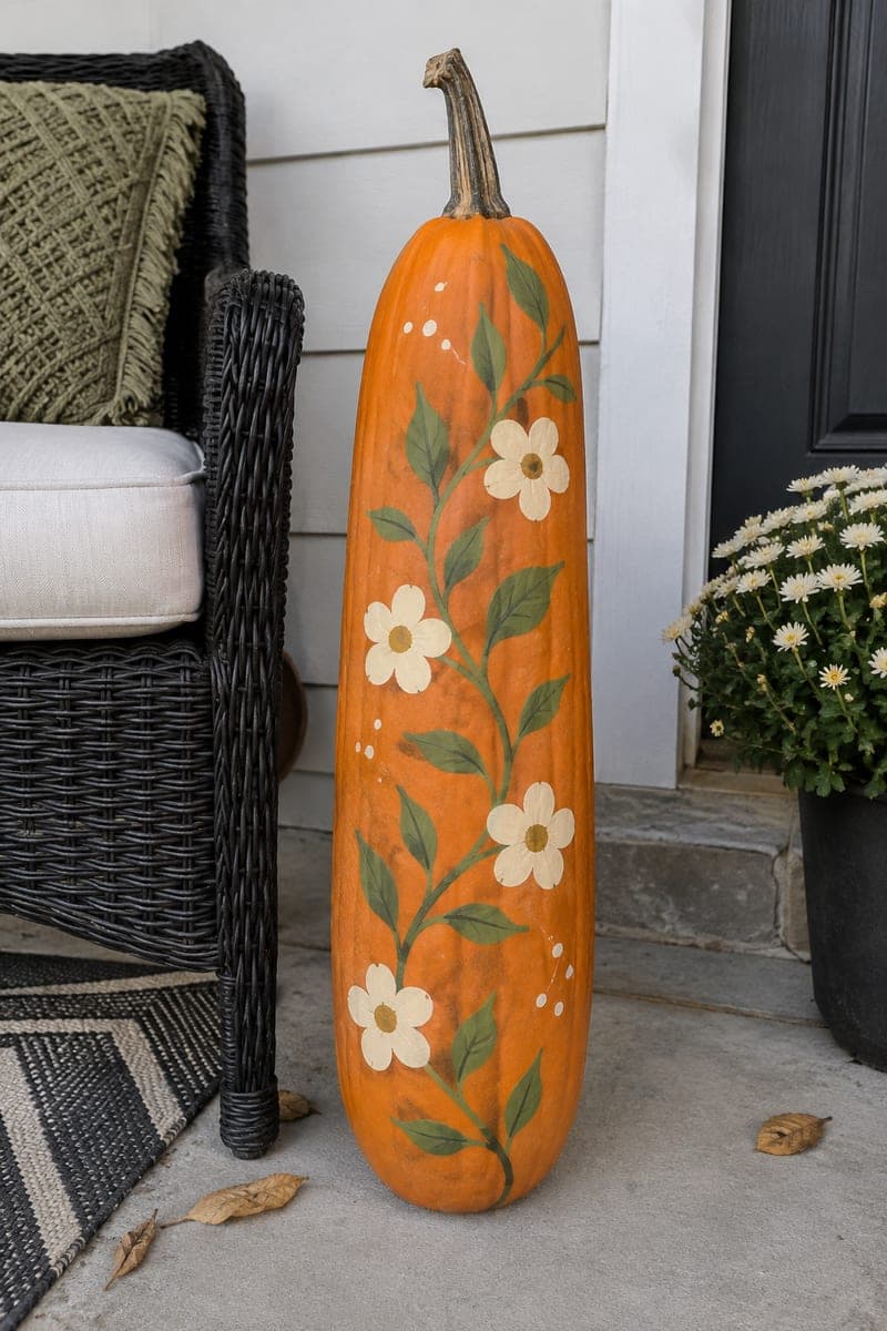Trailing Vine Painted Tall Skinny Pumpkin on a Porch