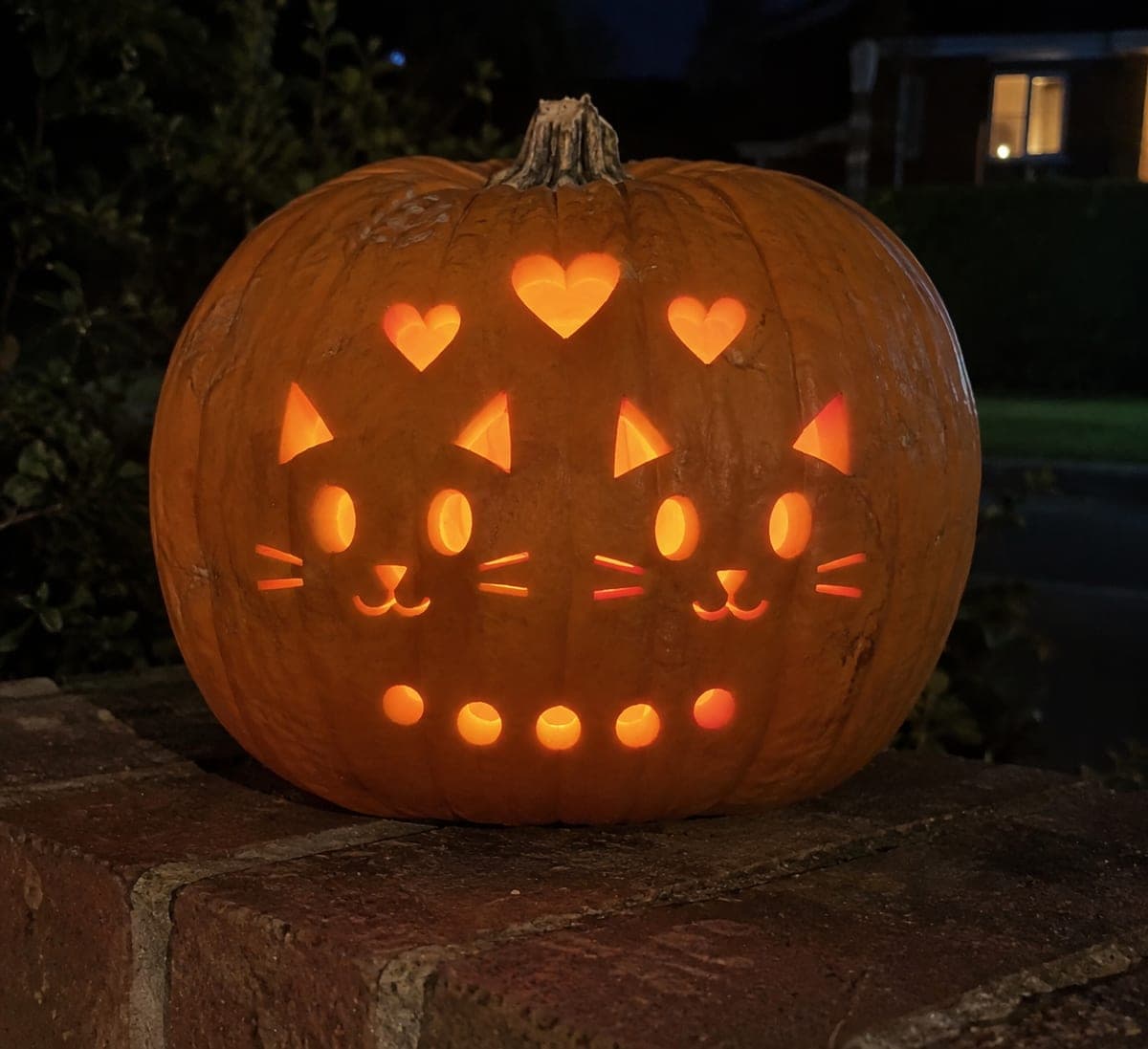 Two Kitten Faces Pumpkin with Hearts and Round Accents