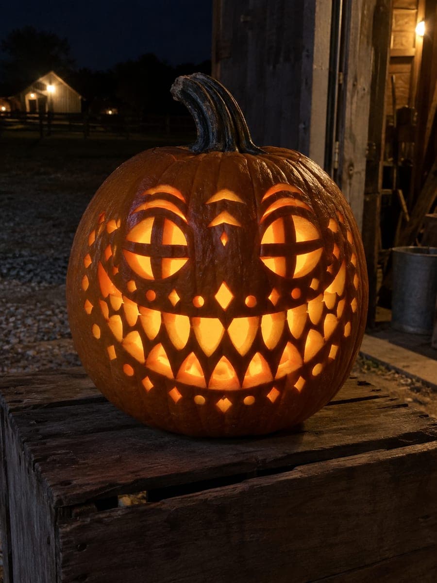 Two-Row Tooth Grid Jack-O-Lantern on Wooden Crate
