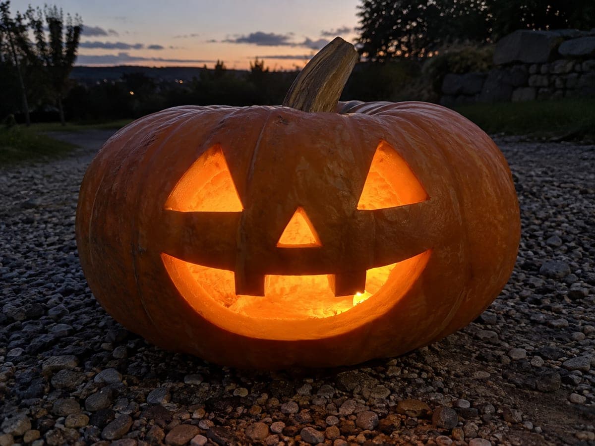 Two-Tooth Wide Jack-O-Lantern on a Gravel Path