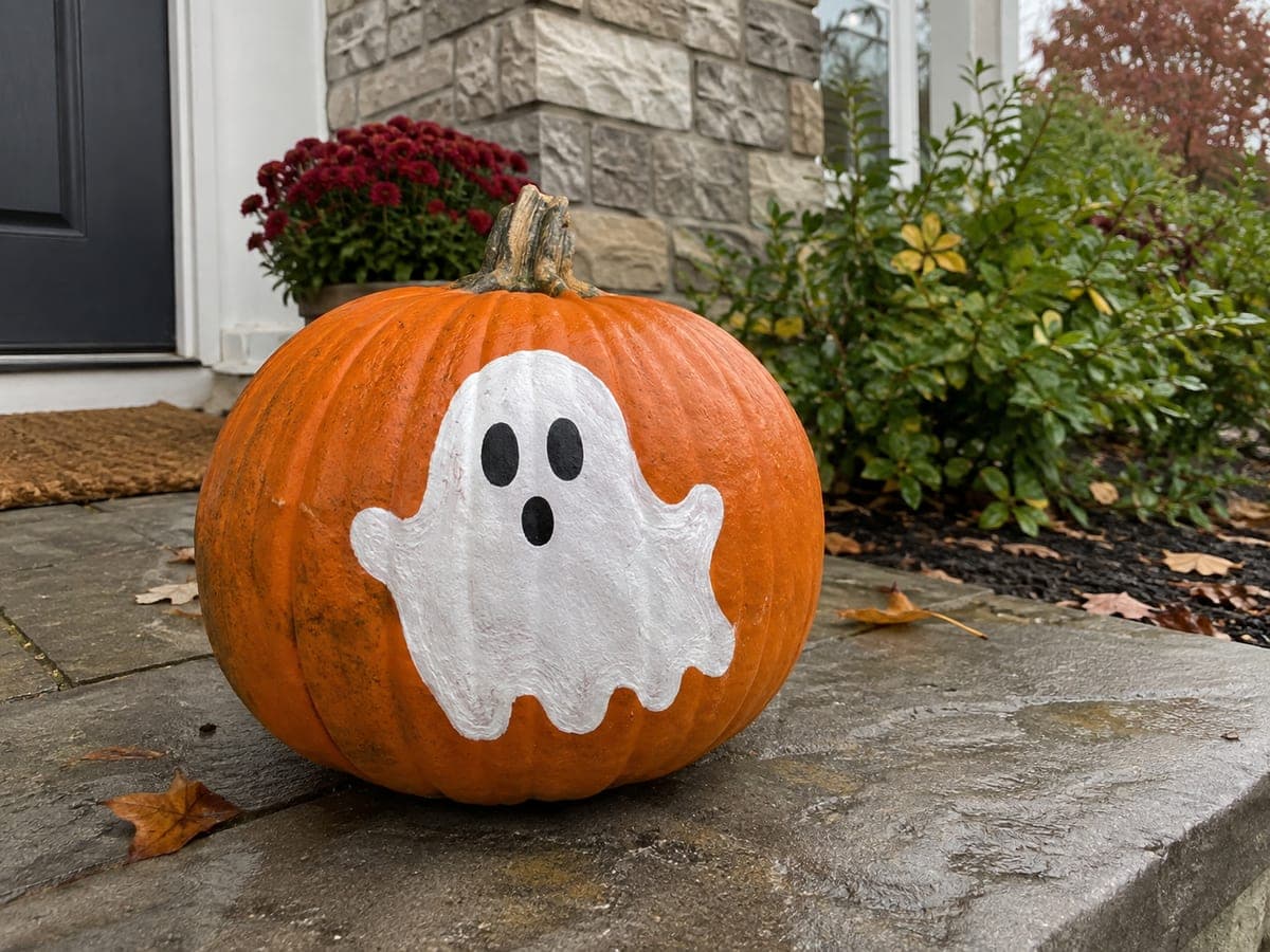 White Ghost Painted Pumpkin on a Stone Doorstep