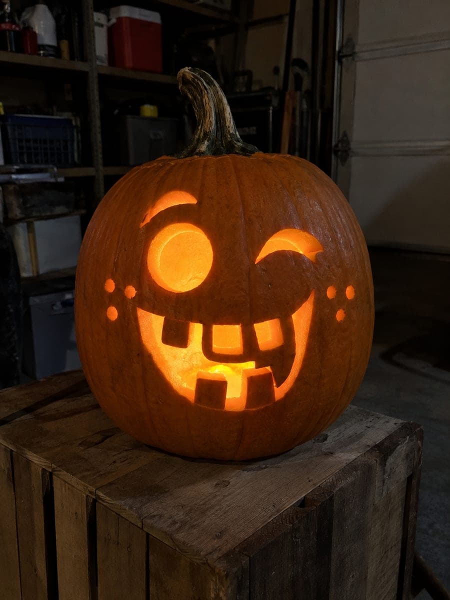 Winking Goofy Jack-O-Lantern With Freckles and Block Teeth
