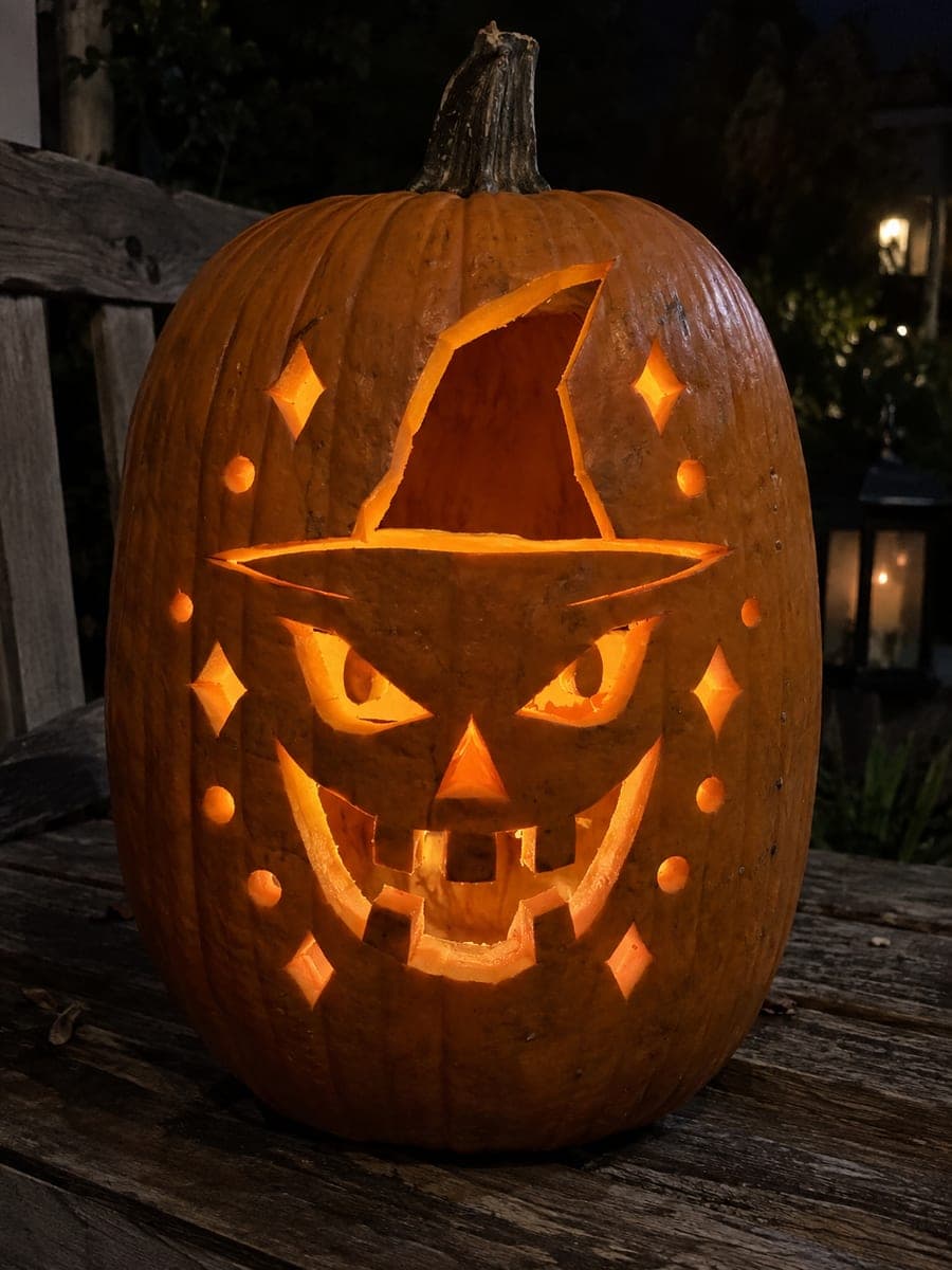 Witch Hat and Toothed Face Pumpkin Jack-O-Lantern