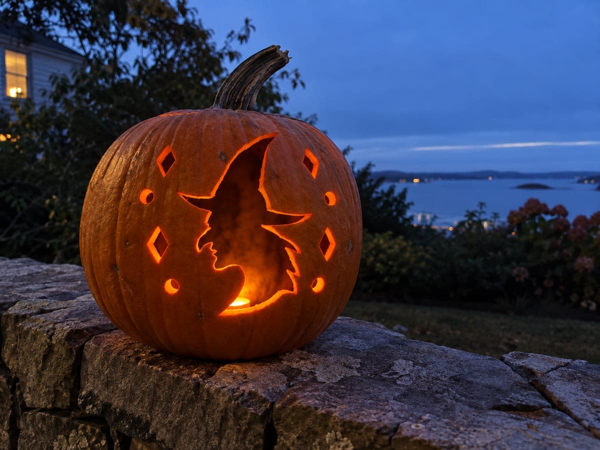 Witch Profile Silhouette Pumpkin With Geometric Accents