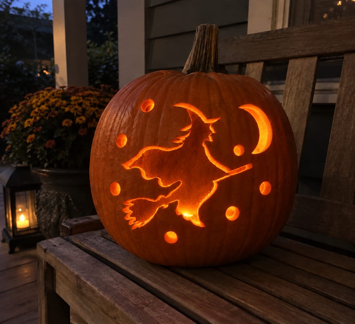 Witch Riding Broom With Moon Pumpkin Lantern