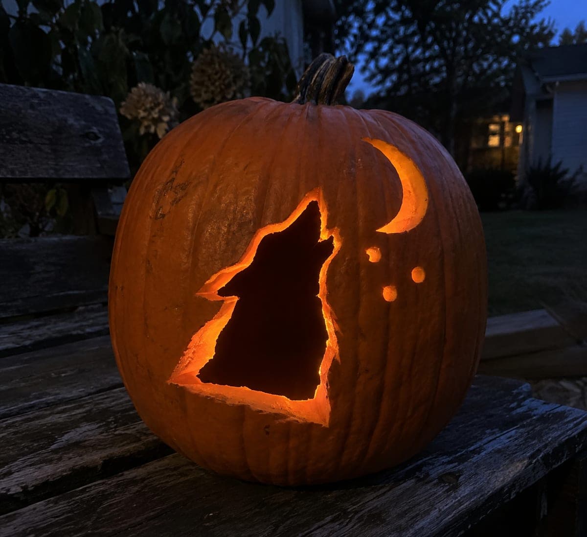 Wolf Pumpkin Carving with Moon and Dot Accents