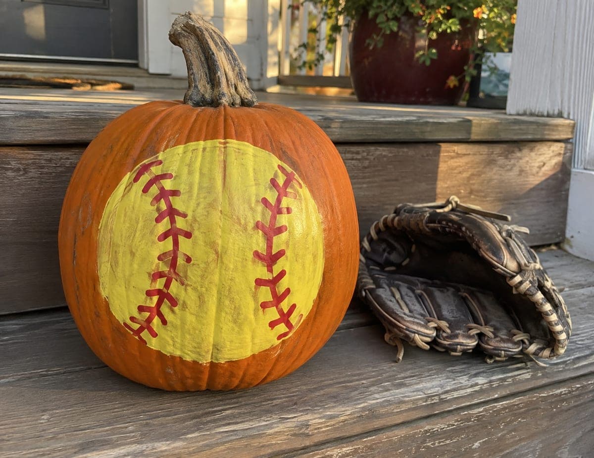 Yellow Softball With Red Stitches Painted Pumpkin