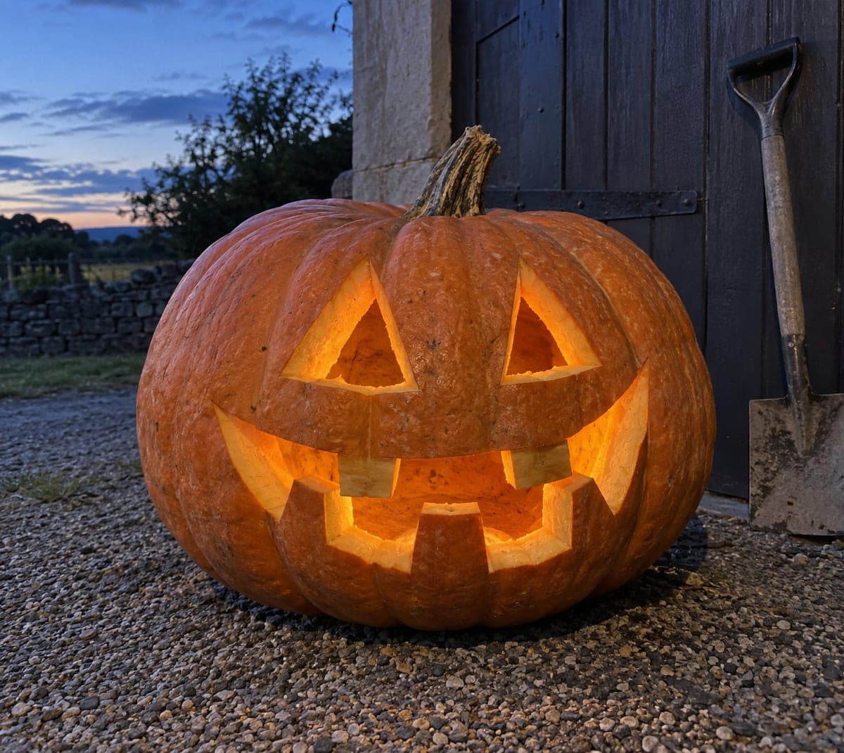 Zigzag Smile Giant Pumpkin Beside a Barn Door