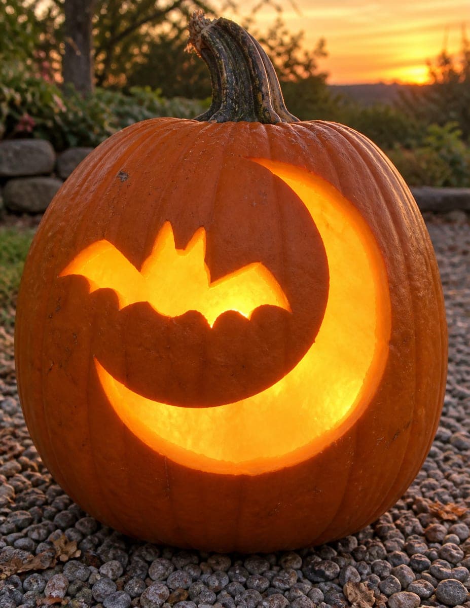 Bat Flying Over a Crescent Moon Pumpkin