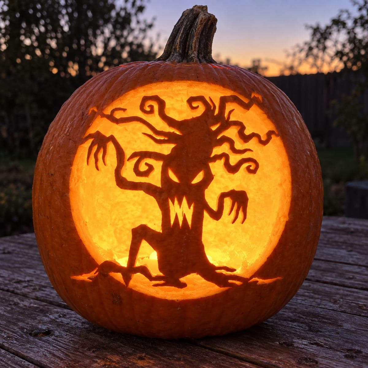 Clawed Tree Monster Against a Moon Pumpkin