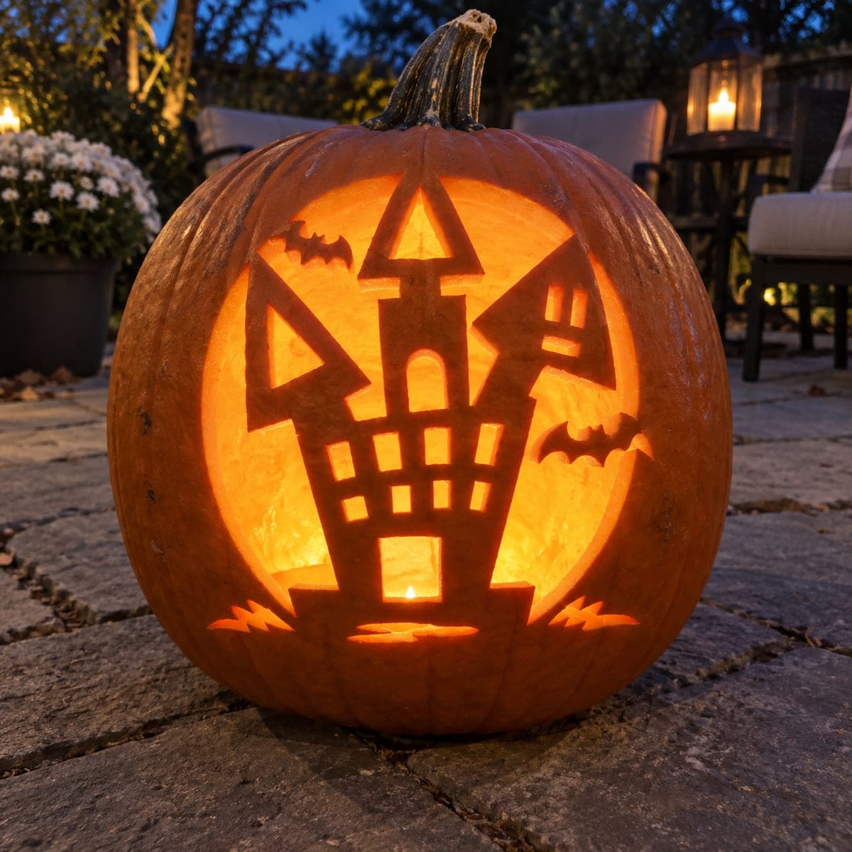 Crooked House in a Glowing Moon Pumpkin