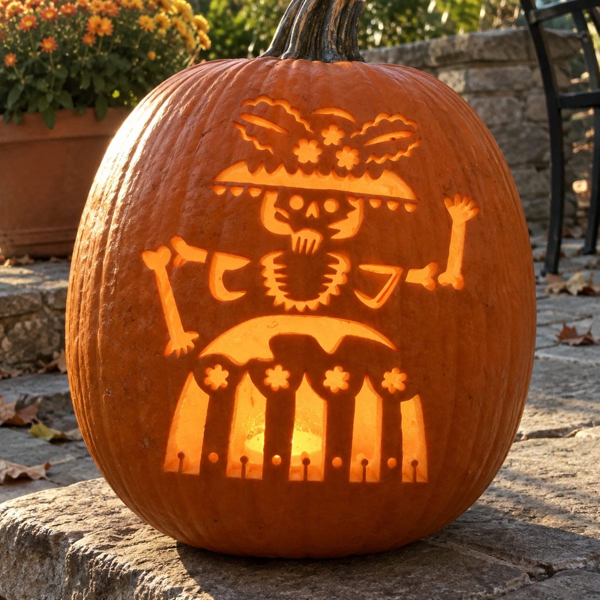 Dancing Skeleton in a Flowered Hat Pumpkin