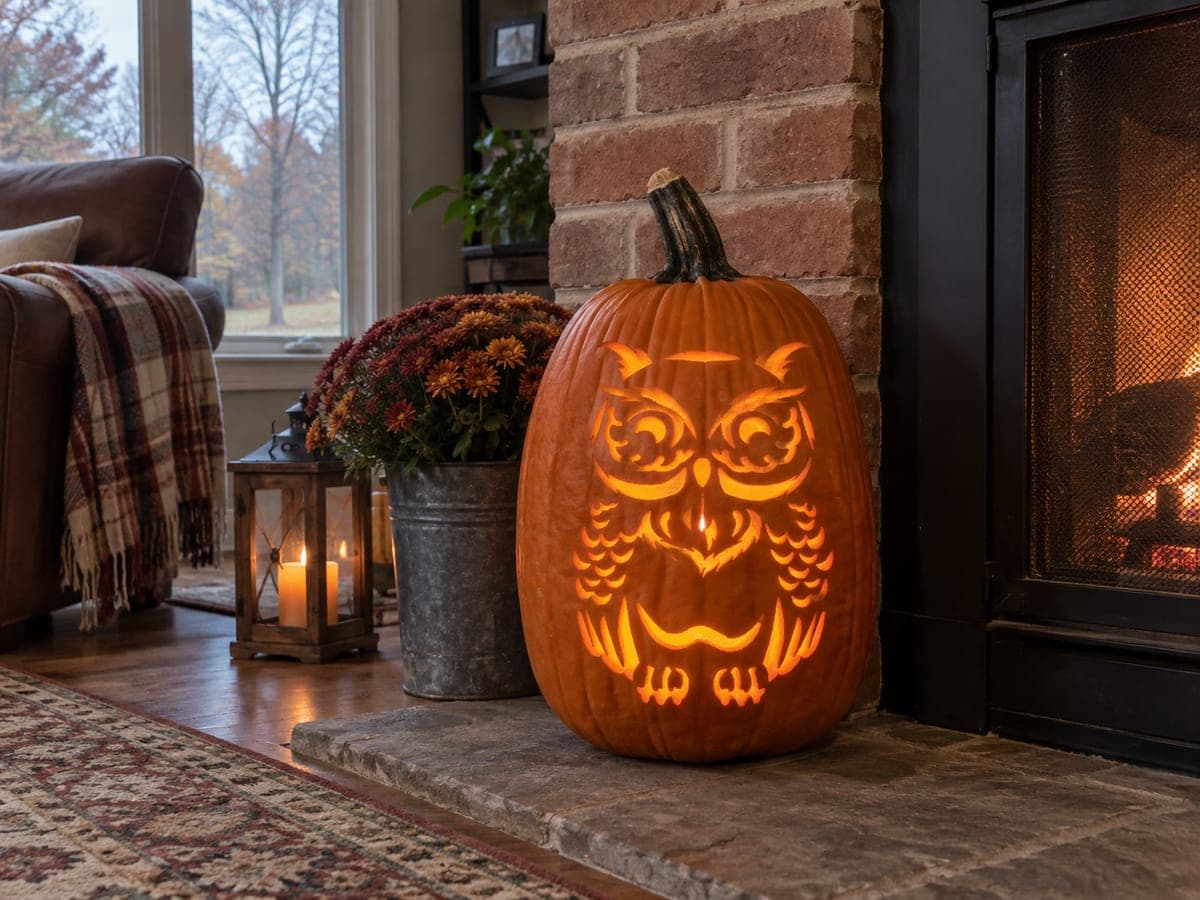 Detailed Feathered Owl Pumpkin