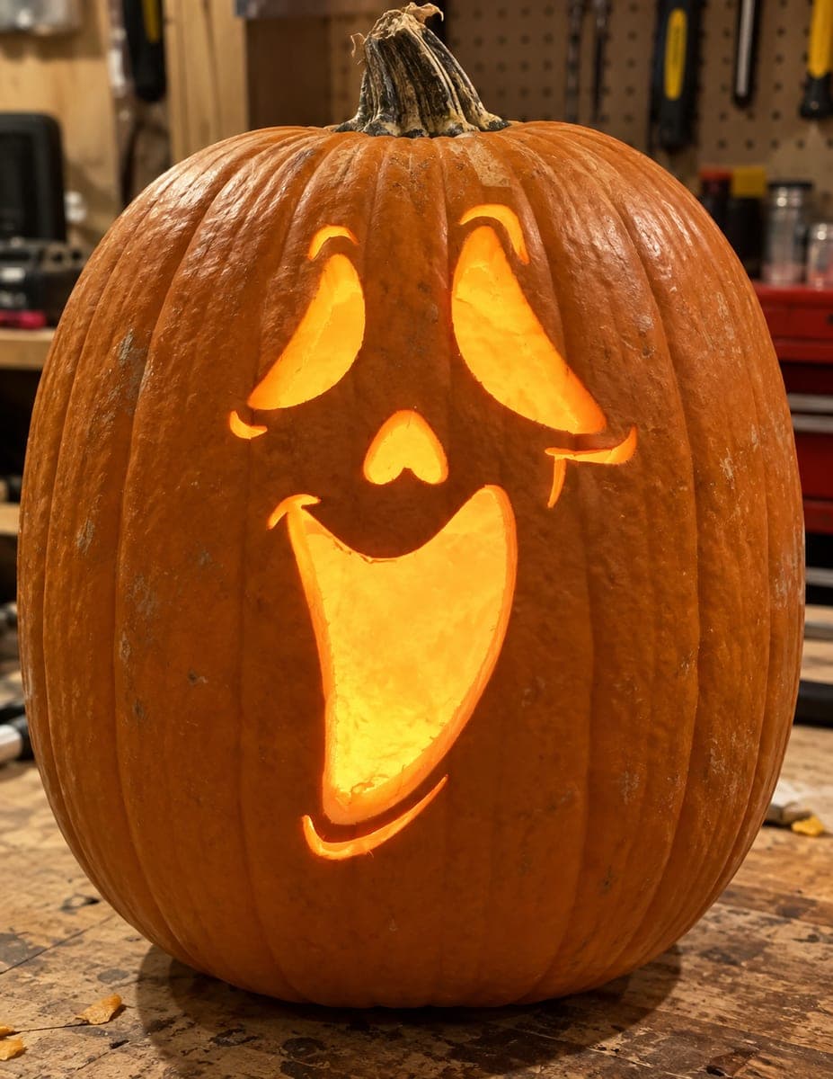 Droopy-Eyed Laughing Ghost Face Pumpkin