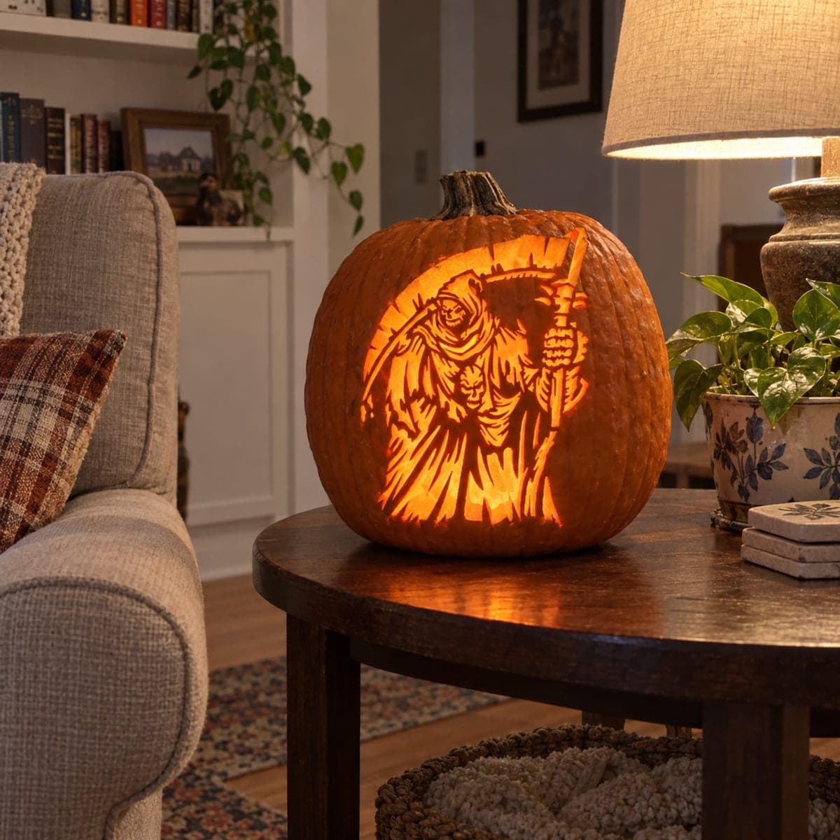 Etched Reaper With Raised Hand Pumpkin