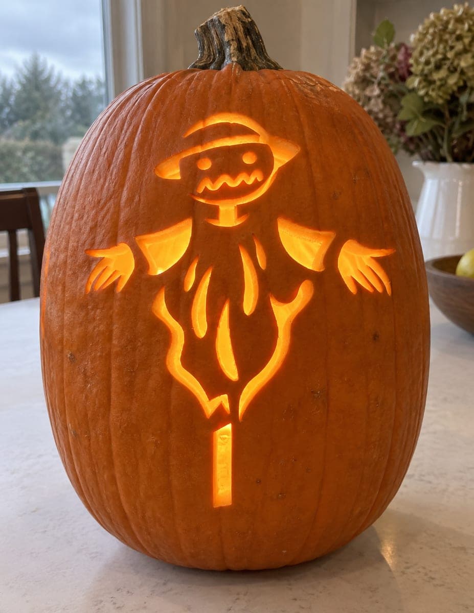 Flame-Hem Scarecrow on a Stake Pumpkin
