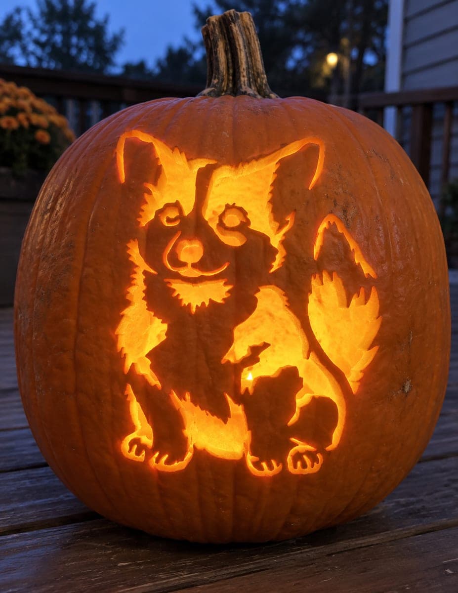 Fluffy Seated Corgi Pumpkin