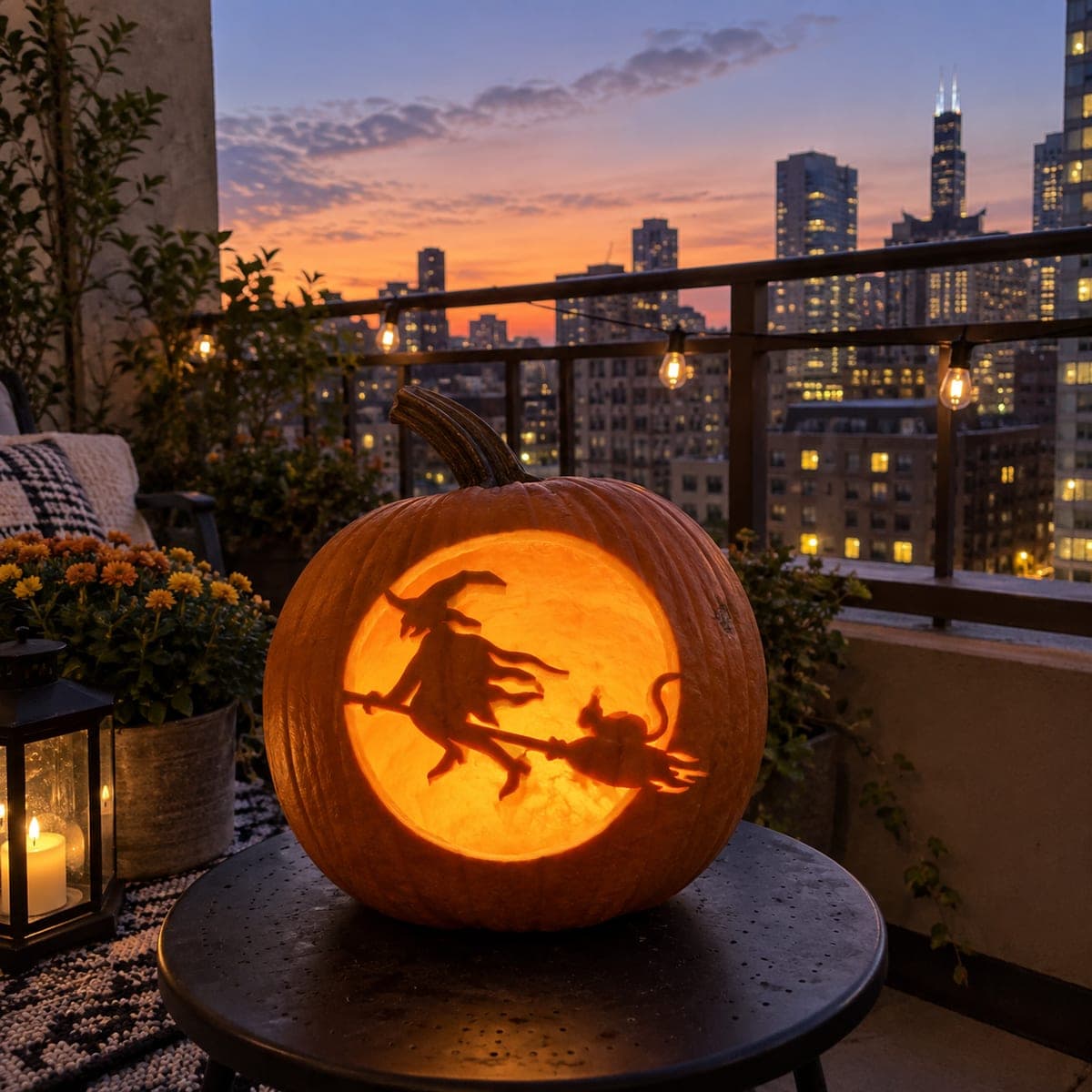 Flying Witch Across a Round Moon Pumpkin
