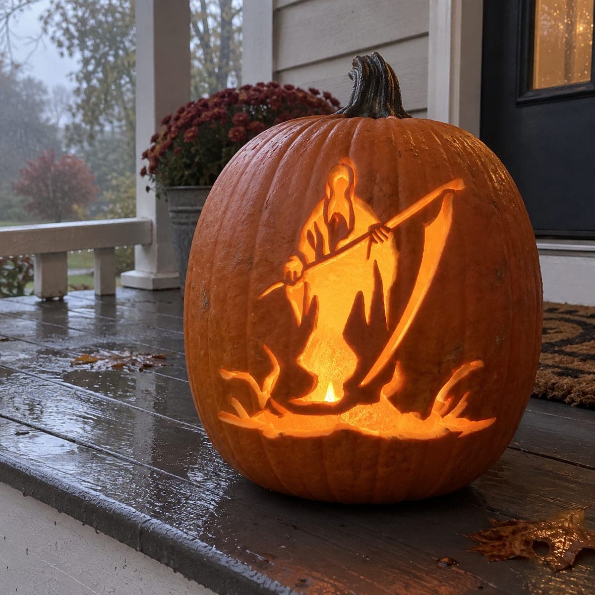 Hooded Grim Reaper With Scythe Pumpkin