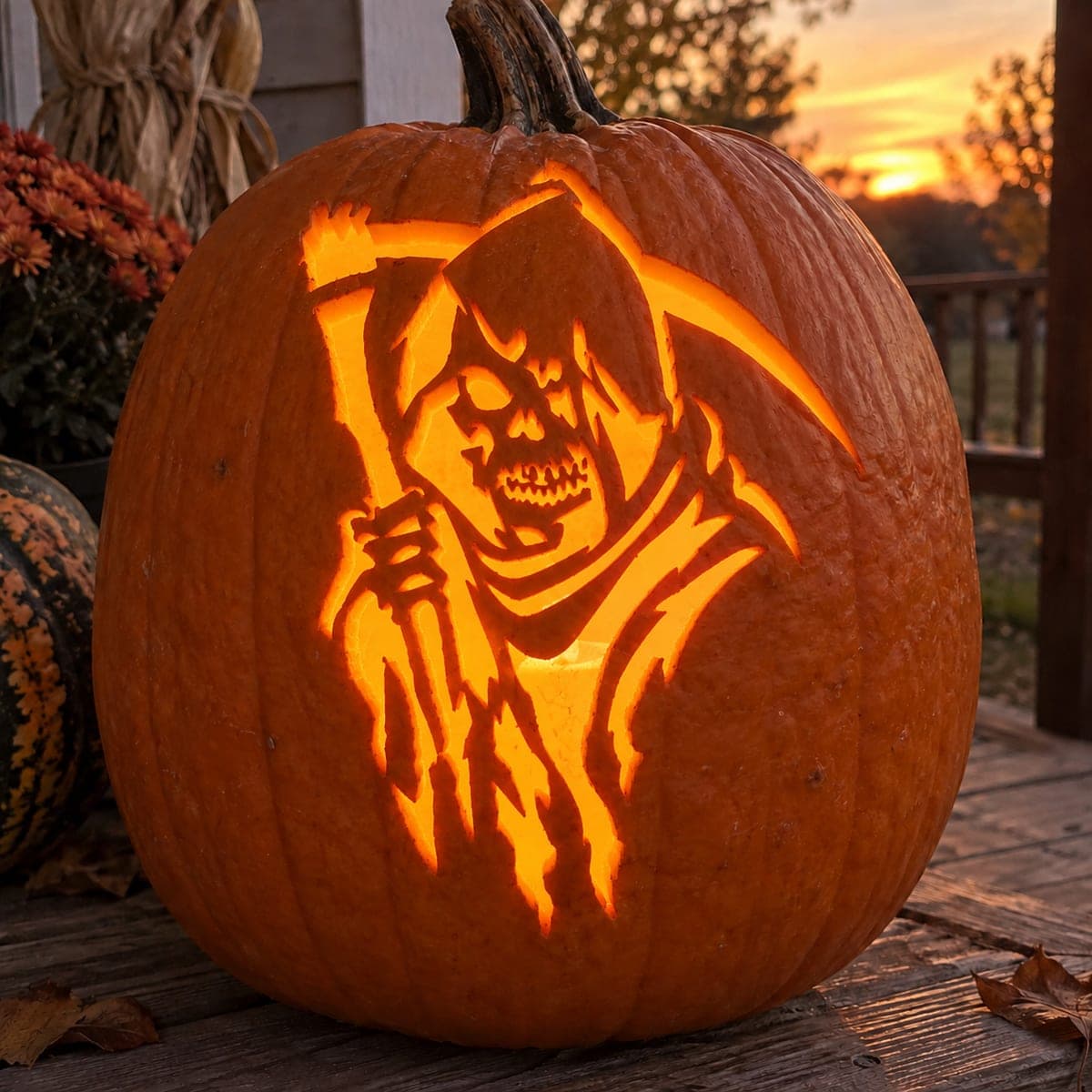 Hooded Skull Gripping a Scythe Pumpkin