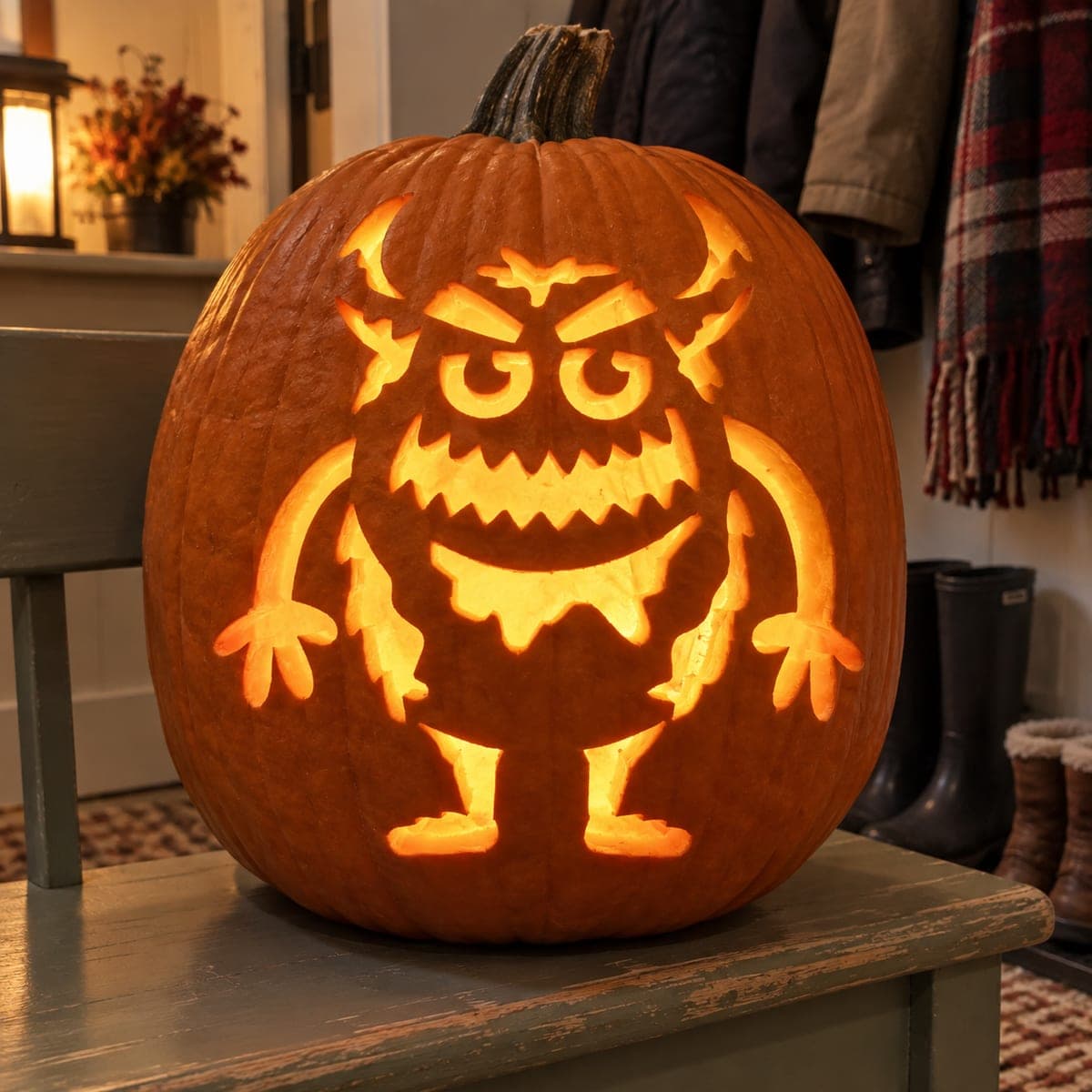 Horned Furry Monster With Sharp Teeth Pumpkin