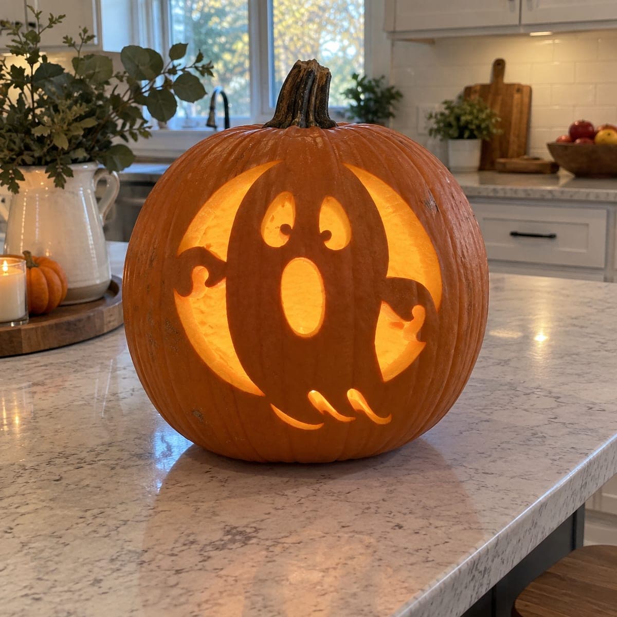 Little Ghost Against a Round Glow Pumpkin