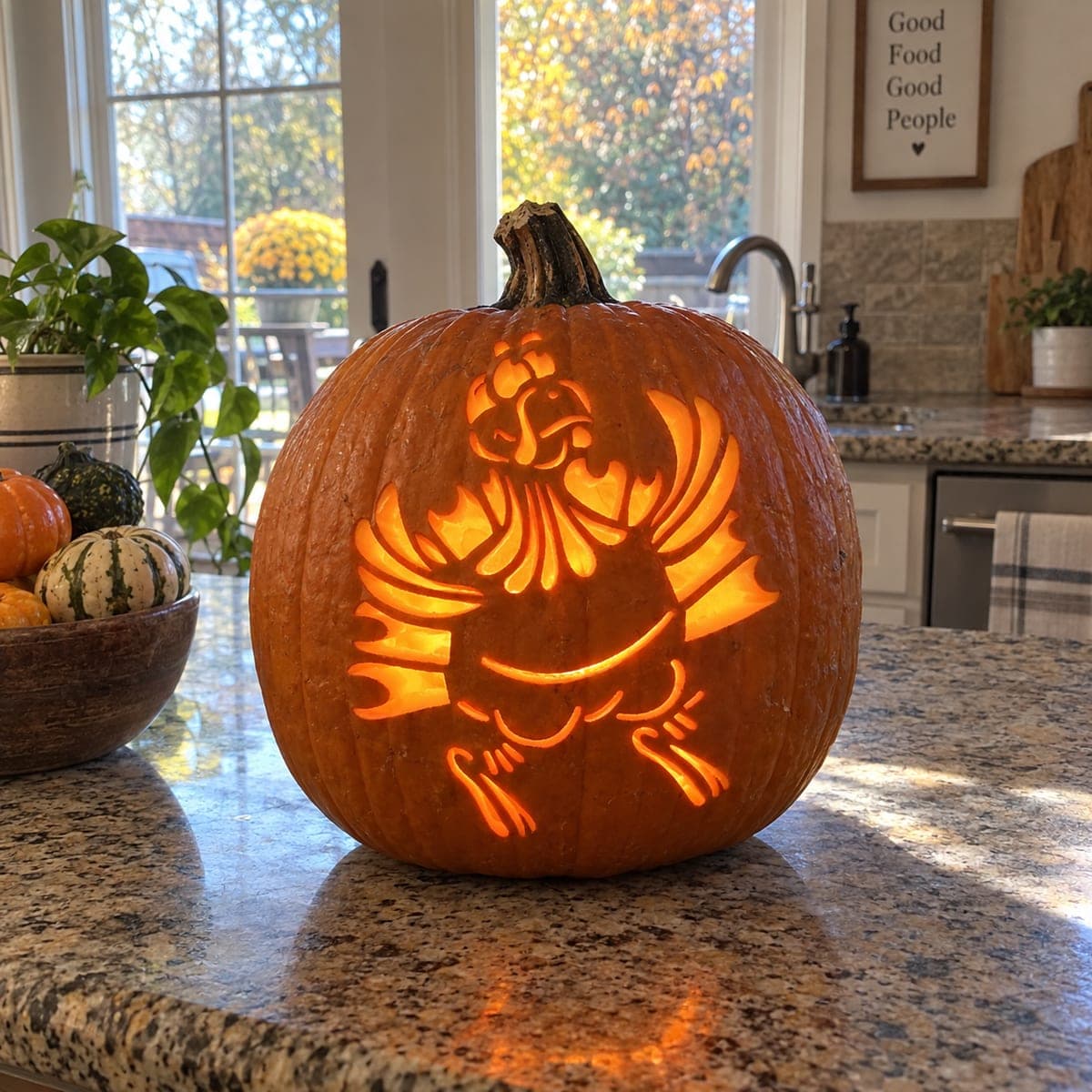 Ornate Rooster With Spread Wings Pumpkin