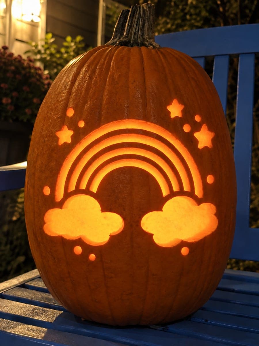 Rainbow With Clouds and Sparkles Pumpkin