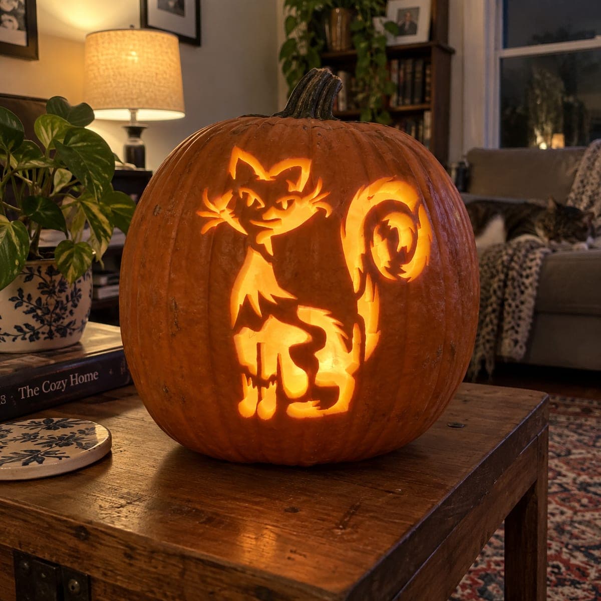 Seated Cat With a Spiral Tail Pumpkin