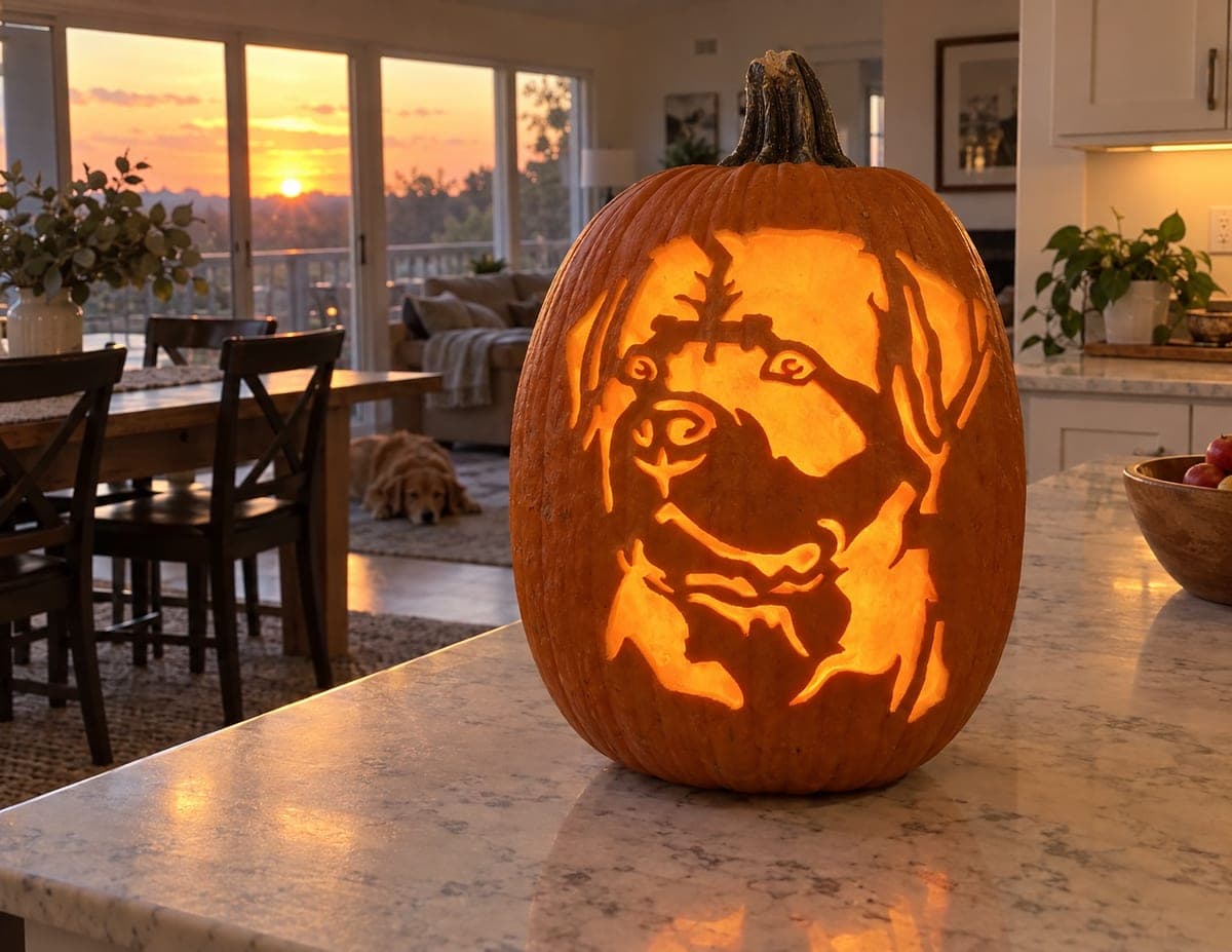 Shaggy Dog Portrait With Open Mouth Pumpkin
