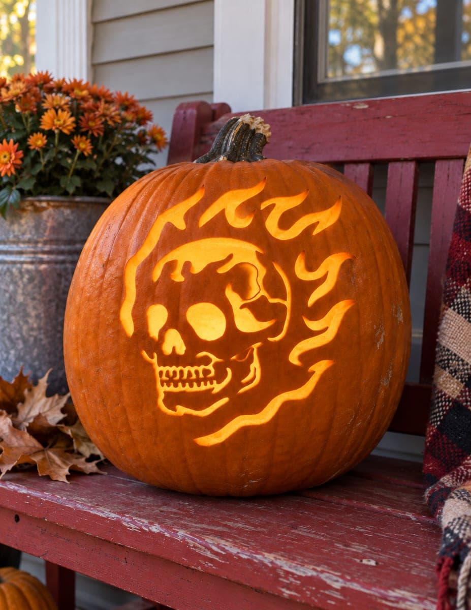Sideways Skull With Trailing Flames Pumpkin