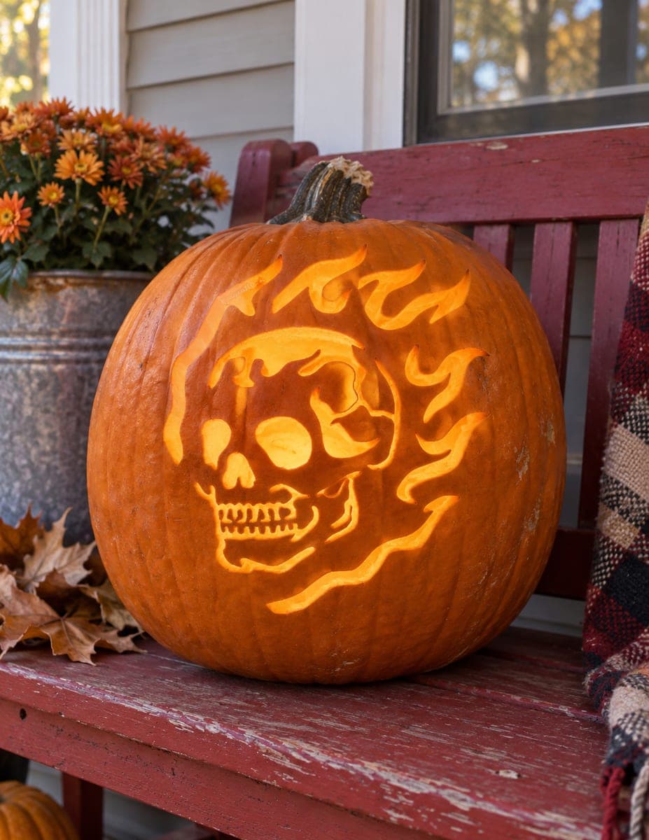 Sideways Skull With Trailing Flames Pumpkin — process shot 2 of 2