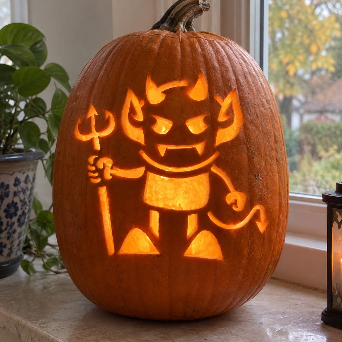 Simple Smiling Pitchfork Devil Pumpkin