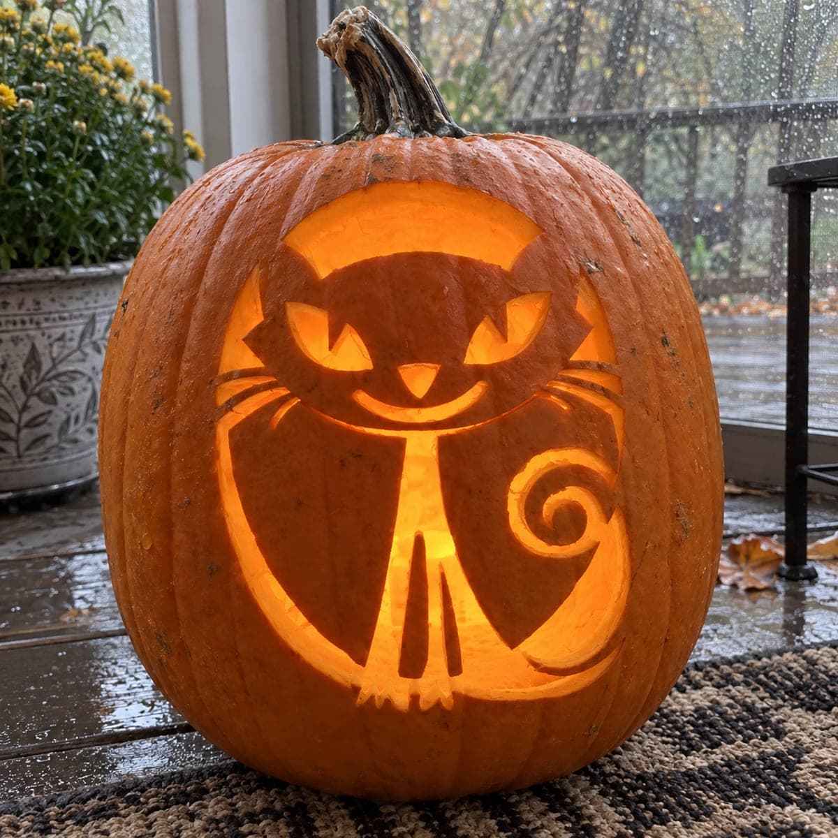 Smiling Cat in a Round Frame Pumpkin