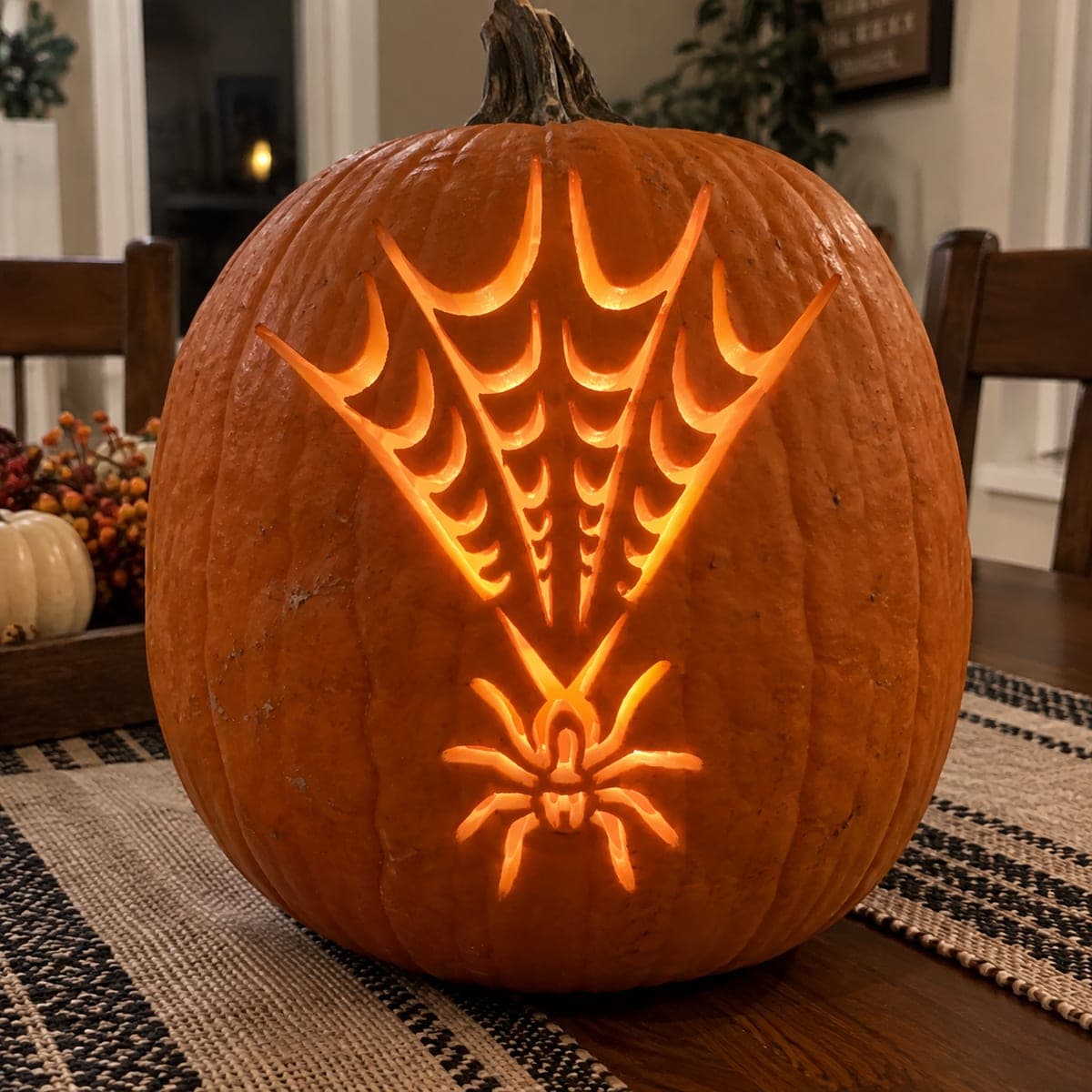 Spider Beneath a Fan-Shaped Web Pumpkin