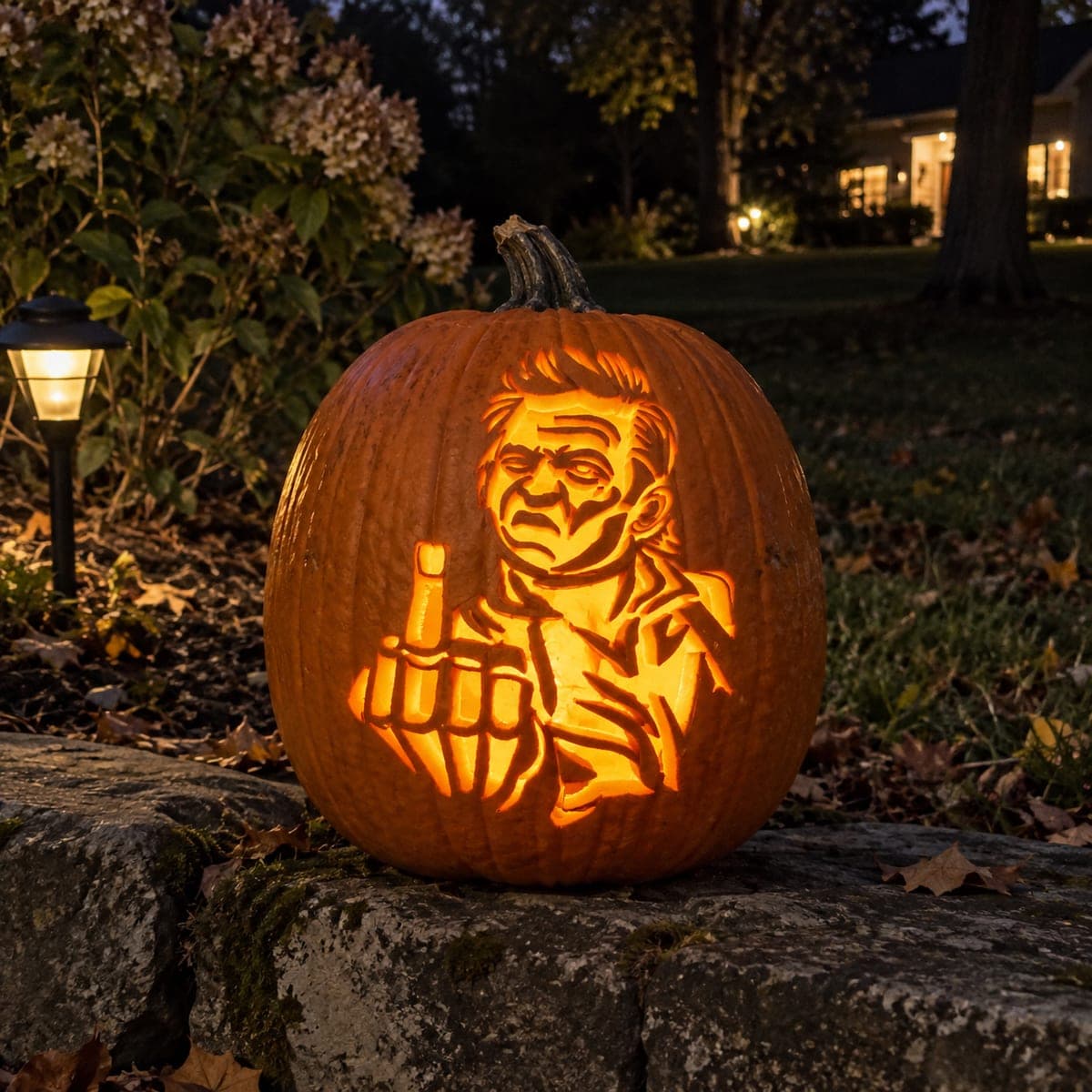 Stern Man Making a Rude Gesture Pumpkin — process shot 2 of 2