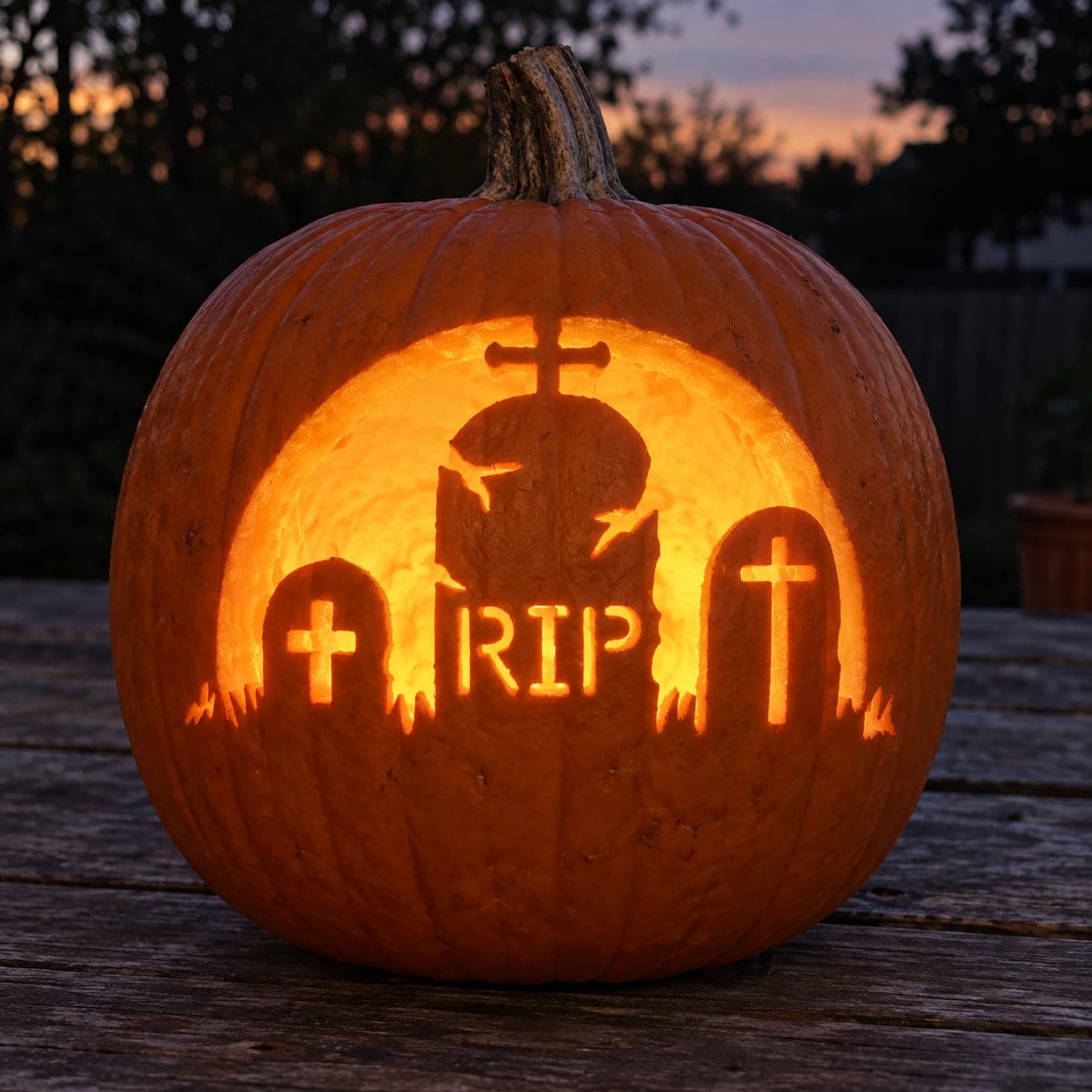 Three Gravestones Against a Full Moon Pumpkin