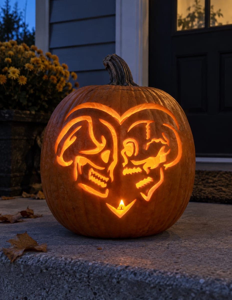 Two Horror Faces Inside a Heart Pumpkin
