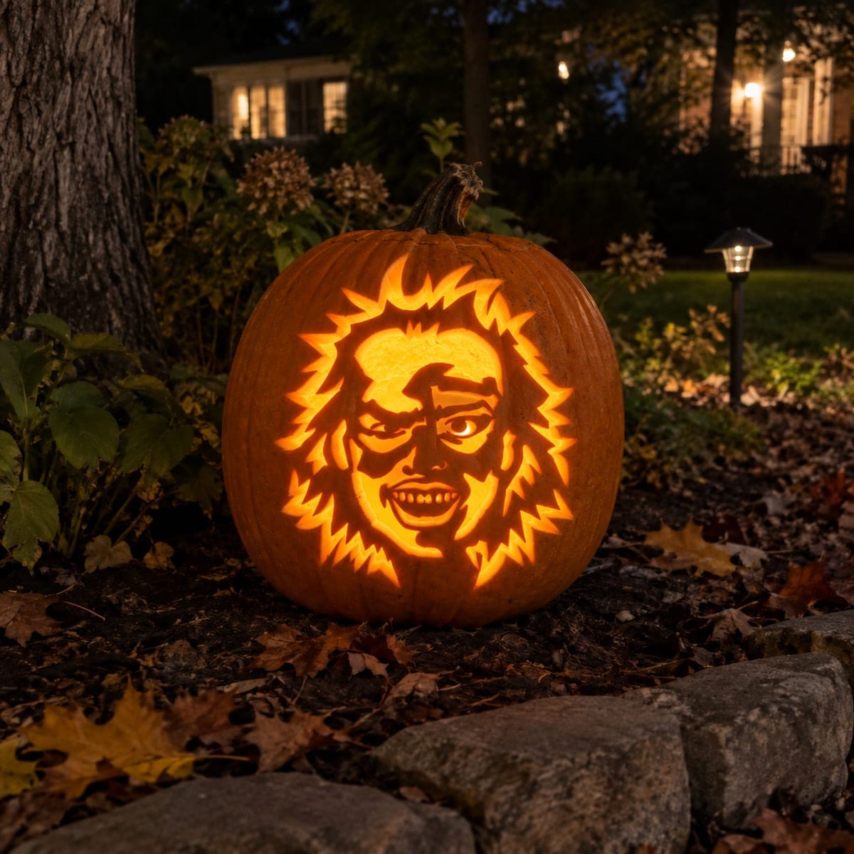 Wild-Haired Grinning Horror Face Pumpkin