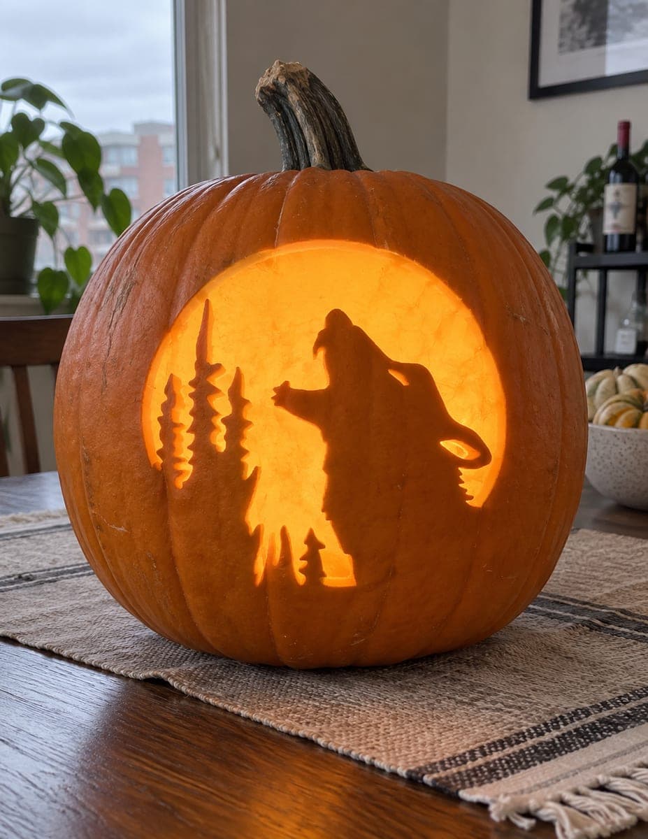 Wolf and Pine Trees Against a Moon Pumpkin — process shot 2 of 2