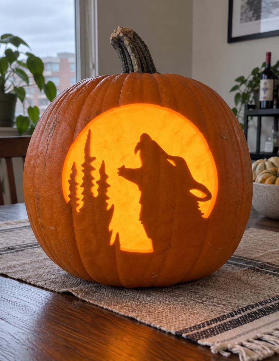 Wolf and Pine Trees Against a Moon Pumpkin