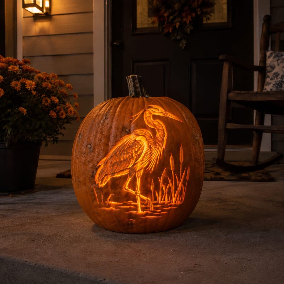 Glowing Great Blue Heron Pumpkin Carving