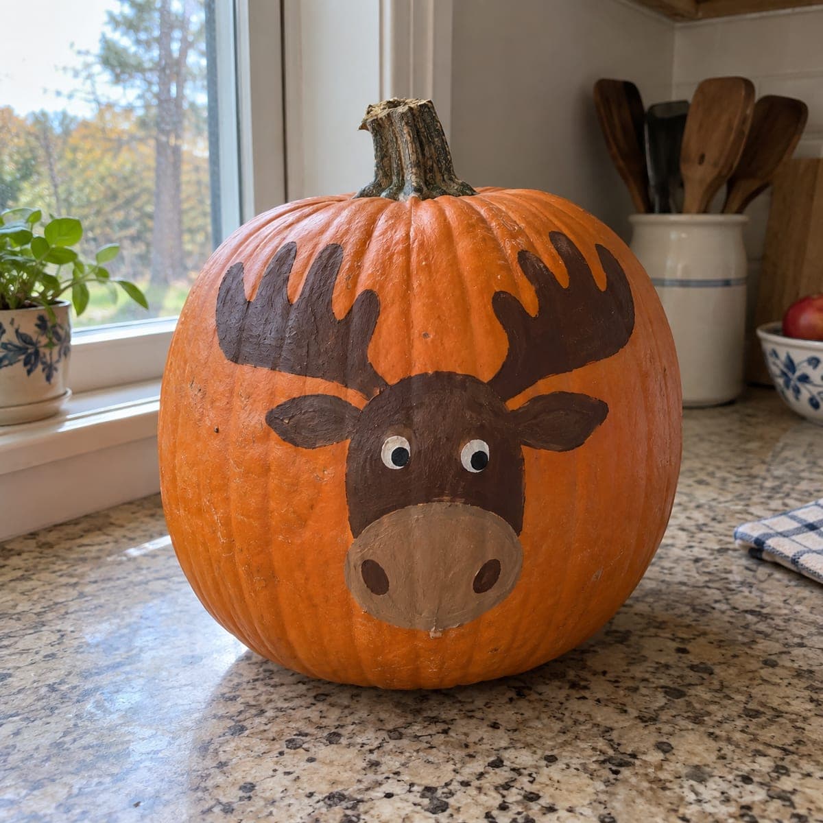 Friendly Cartoon Moose Painted Pumpkin