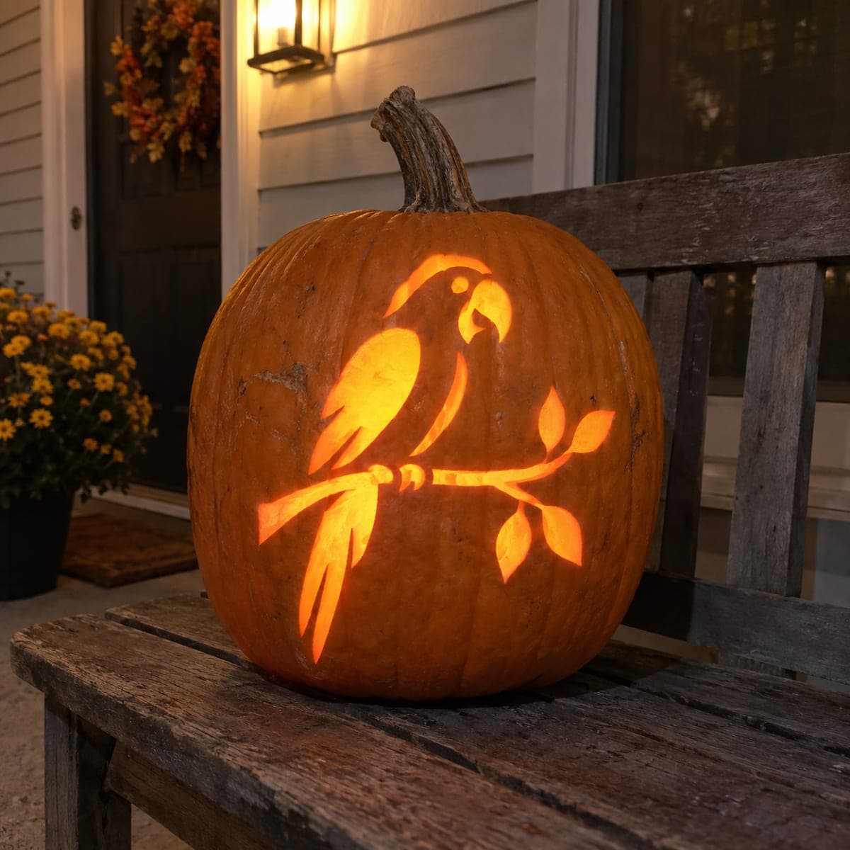 Perched Parrot Jack-O-Lantern on a Branch