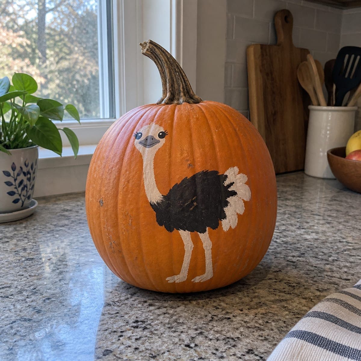 Cheerful Ostrich Painted Pumpkin Idea