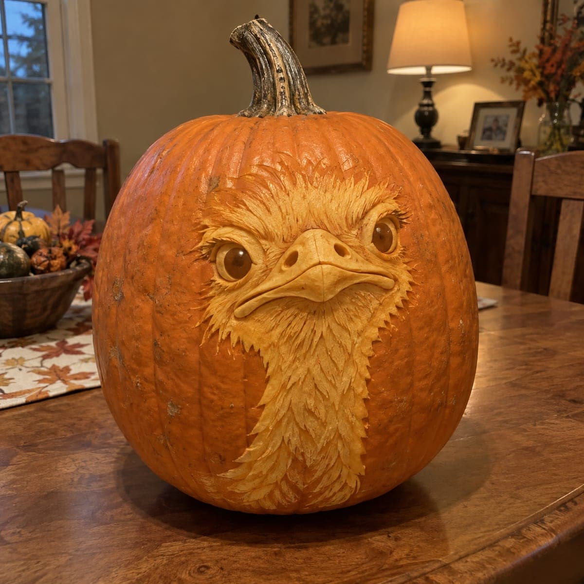 Staring Ostrich Head Sculpted Pumpkin