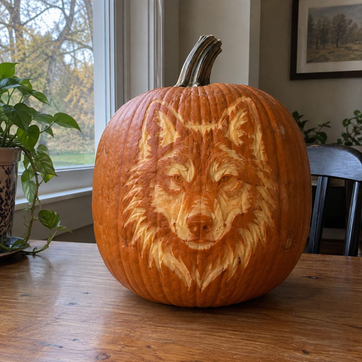 Wolf Face Etched Pumpkin Carving